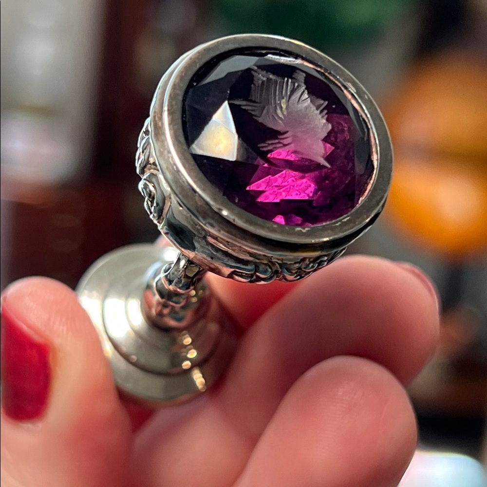 RARE Antique Ornate Sterling Silver Wax Seal Stamp Purple Amethyst Face Intaglio